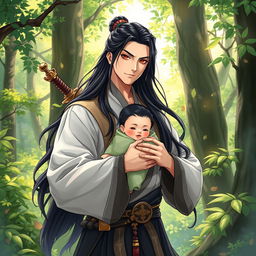 A vivid illustration of a man resembling Wei Wuxian, positioned in a serene forest setting