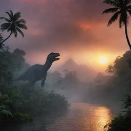 Visualize the Isla Sorna from Jurassic Park movies, with dense tropical jungle, mysterious fog, and looming dinosaur silhouettes in an atmospheric sunset background