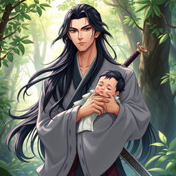 A vivid illustration of a man resembling Wei Wuxian, positioned in a serene forest setting