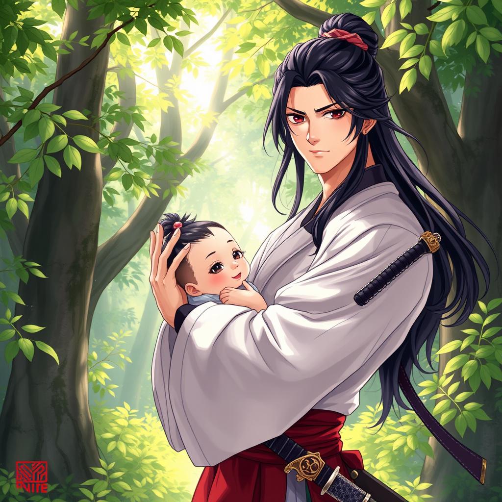 A vivid illustration of a man resembling Wei Wuxian, positioned in a serene forest setting