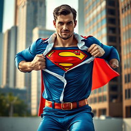 An exciting and dynamic scene of a man dramatically tearing off his shirt to reveal a bright superhero costume underneath, embodying the spirit of Superman