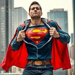 An exciting and dynamic scene of a man dramatically tearing off his shirt to reveal a bright superhero costume underneath, embodying the spirit of Superman