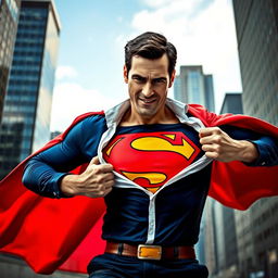 An exciting and dynamic scene of a man dramatically tearing off his shirt to reveal a bright superhero costume underneath, embodying the spirit of Superman