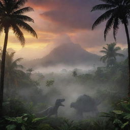 Visualize the Isla Sorna from Jurassic Park movies, with dense tropical jungle, mysterious fog, and looming dinosaur silhouettes in an atmospheric sunset background