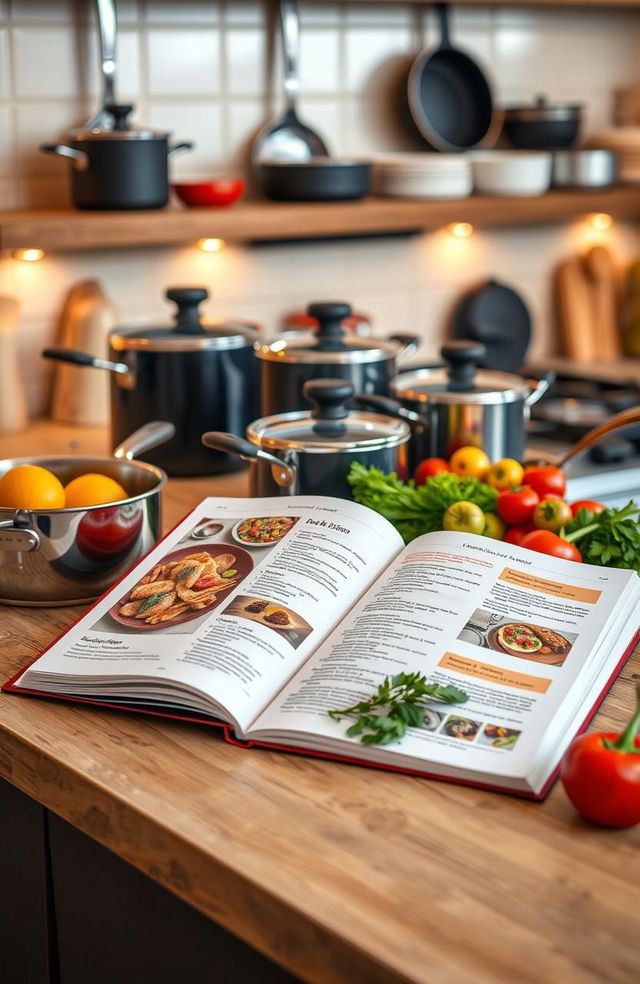 A beautifully arranged kitchen countertop featuring an open cookbook with vibrant recipe pages, surrounded by elegant pots and pans of various sizes