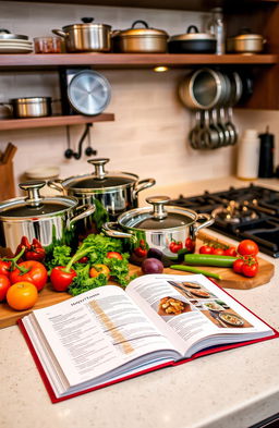 A beautifully arranged kitchen countertop featuring an open cookbook with vibrant recipe pages, surrounded by elegant pots and pans of various sizes