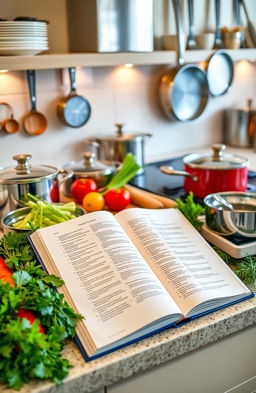 A beautifully arranged kitchen countertop featuring an open cookbook with vibrant recipe pages, surrounded by elegant pots and pans of various sizes