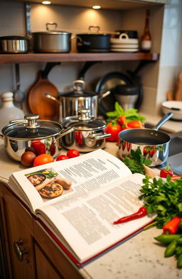 A beautifully arranged kitchen countertop featuring an open cookbook with vibrant recipe pages, surrounded by elegant pots and pans of various sizes