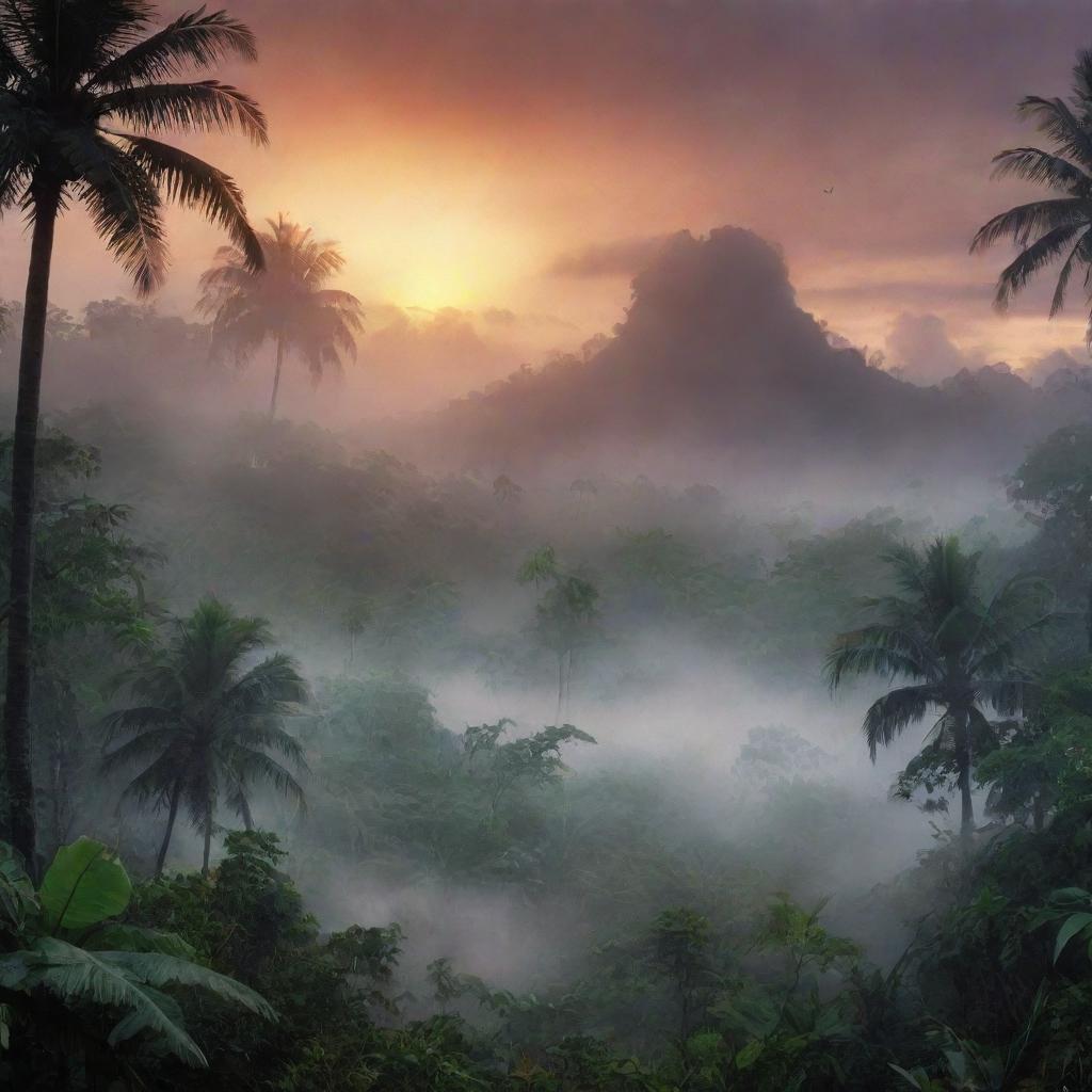 Visualize the Isla Sorna from Jurassic Park movies, with dense tropical jungle, mysterious fog, and looming dinosaur silhouettes in an atmospheric sunset background