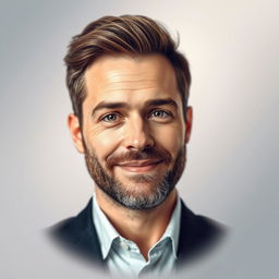 A creative and artistic interpretation featuring a headshot where the face resembles a generic man with short hair and a beard, set against a soft gradient background