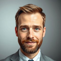 A creative and artistic interpretation featuring a headshot where the face resembles a generic man with short hair and a beard, set against a soft gradient background
