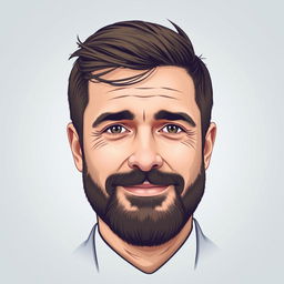 A creative and artistic interpretation featuring a headshot where the face resembles a generic man with short hair and a beard, set against a soft gradient background