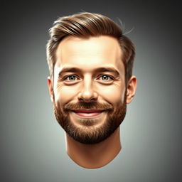 A creative and artistic interpretation featuring a headshot where the face resembles a generic man with short hair and a beard, set against a soft gradient background