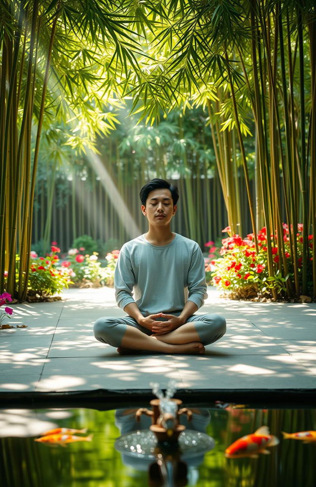 A peaceful and serene scene depicting a person practicing anger management techniques