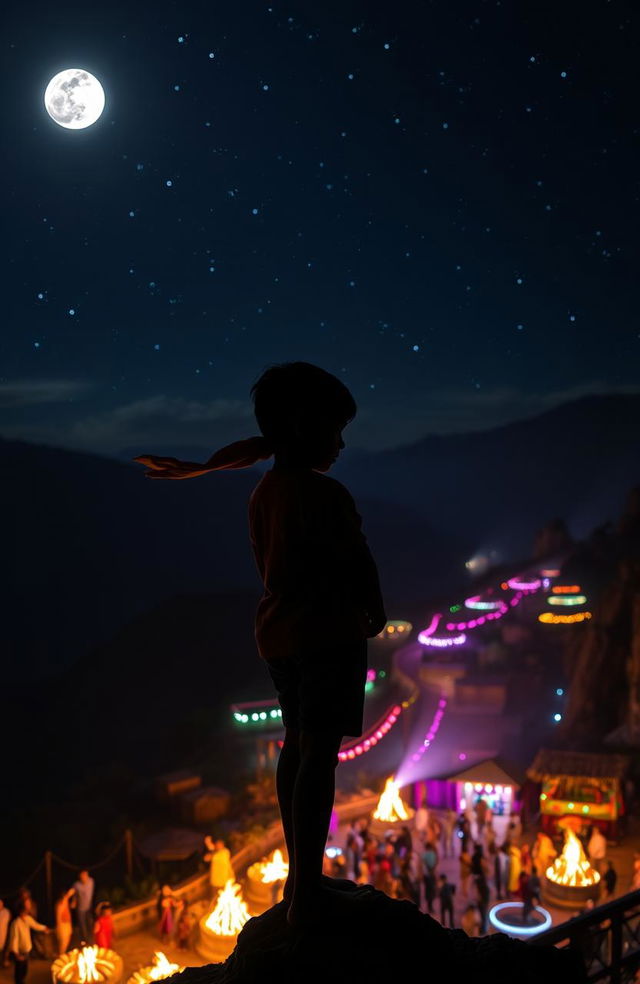 A young boy standing on the edge of a cliff overlooking a vibrant village party below, illuminated by the glow of colorful lights and bonfires