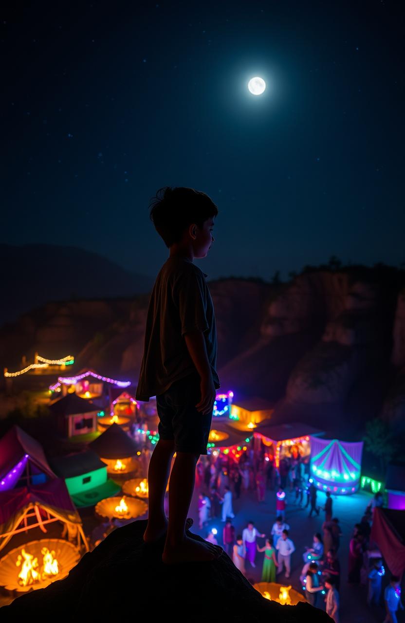 A young boy standing on the edge of a cliff overlooking a vibrant village party below, illuminated by the glow of colorful lights and bonfires