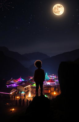 A young boy standing on the edge of a cliff overlooking a vibrant village party below, illuminated by the glow of colorful lights and bonfires