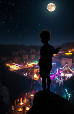A young boy standing on the edge of a cliff overlooking a vibrant village party below, illuminated by the glow of colorful lights and bonfires