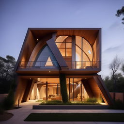 A two-story house where the front face is architecturally unique with a circular design on the top floor and a triangular design on the bottom floor.