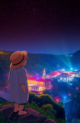 A teenage male wearing a straw hat stands on top of a cliff, overlooking a vibrant village party below