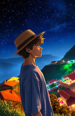 A teenage male wearing a straw hat stands on top of a cliff, overlooking a vibrant village party below