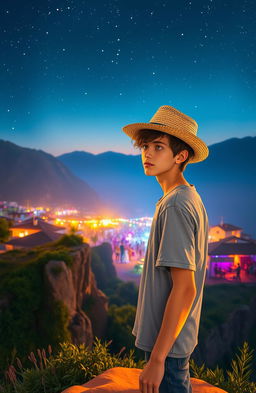 A teenage male wearing a straw hat stands on top of a cliff, overlooking a vibrant village party below