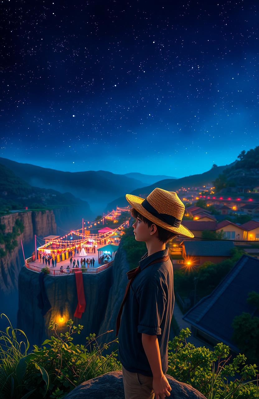 A teenage male wearing a straw hat stands on top of a cliff, overlooking a vibrant village party below