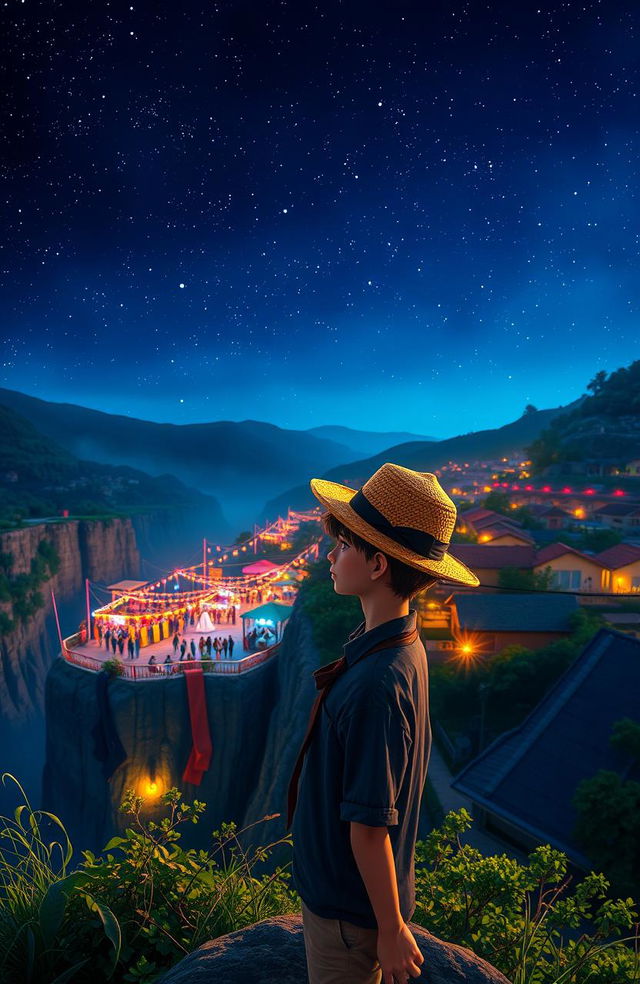 A teenage male wearing a straw hat stands on top of a cliff, overlooking a vibrant village party below