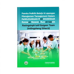 A professional and engaging cover design for a guidebook titled 'Panduan Praktik Belajar Lapangan Manajemen Sistem Penyelenggaraan Makanan Rumah Sakit'