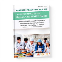 A professional and engaging cover design for a guidebook titled 'Panduan Praktik Belajar Lapangan Manajemen Sistem Penyelenggaraan Makanan Rumah Sakit'