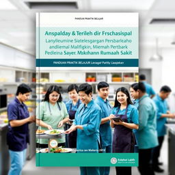 A professional and engaging cover design for a guidebook titled 'Panduan Praktik Belajar Lapangan Manajemen Sistem Penyelenggaraan Makanan Rumah Sakit'