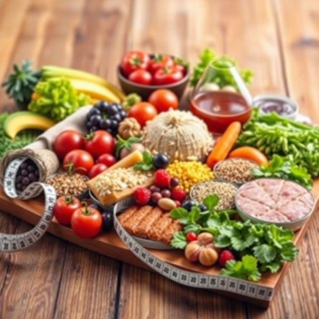 A captivating cover design focused on the theme of nutrition, featuring an array of colorful, fresh foods including fruits, vegetables, whole grains, and lean proteins elegantly arranged on a wooden table