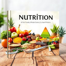 A captivating cover design focused on the theme of nutrition, featuring an array of colorful, fresh foods including fruits, vegetables, whole grains, and lean proteins elegantly arranged on a wooden table