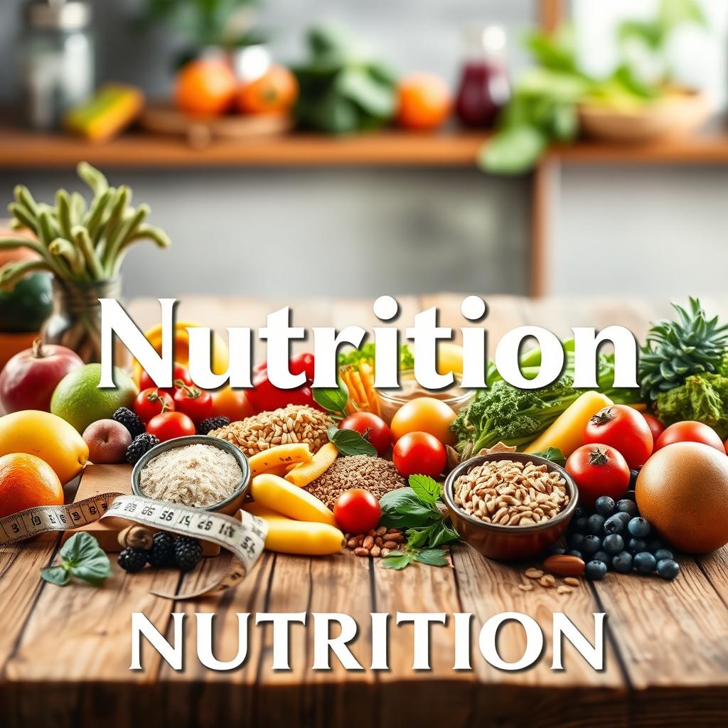 A captivating cover design focused on the theme of nutrition, featuring an array of colorful, fresh foods including fruits, vegetables, whole grains, and lean proteins elegantly arranged on a wooden table