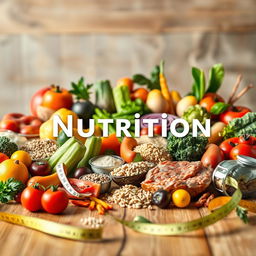 A captivating cover design focused on the theme of nutrition, featuring an array of colorful, fresh foods including fruits, vegetables, whole grains, and lean proteins elegantly arranged on a wooden table