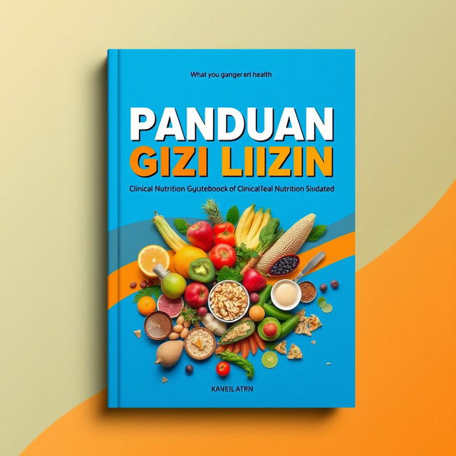 A striking cover design for a clinical nutrition guidebook, titled 'Panduan Gizi Klinik', featuring a bold color scheme of blue and orange