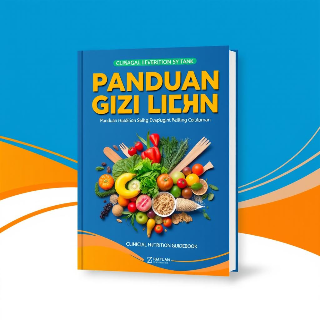 A striking cover design for a clinical nutrition guidebook, titled 'Panduan Gizi Klinik', featuring a bold color scheme of blue and orange