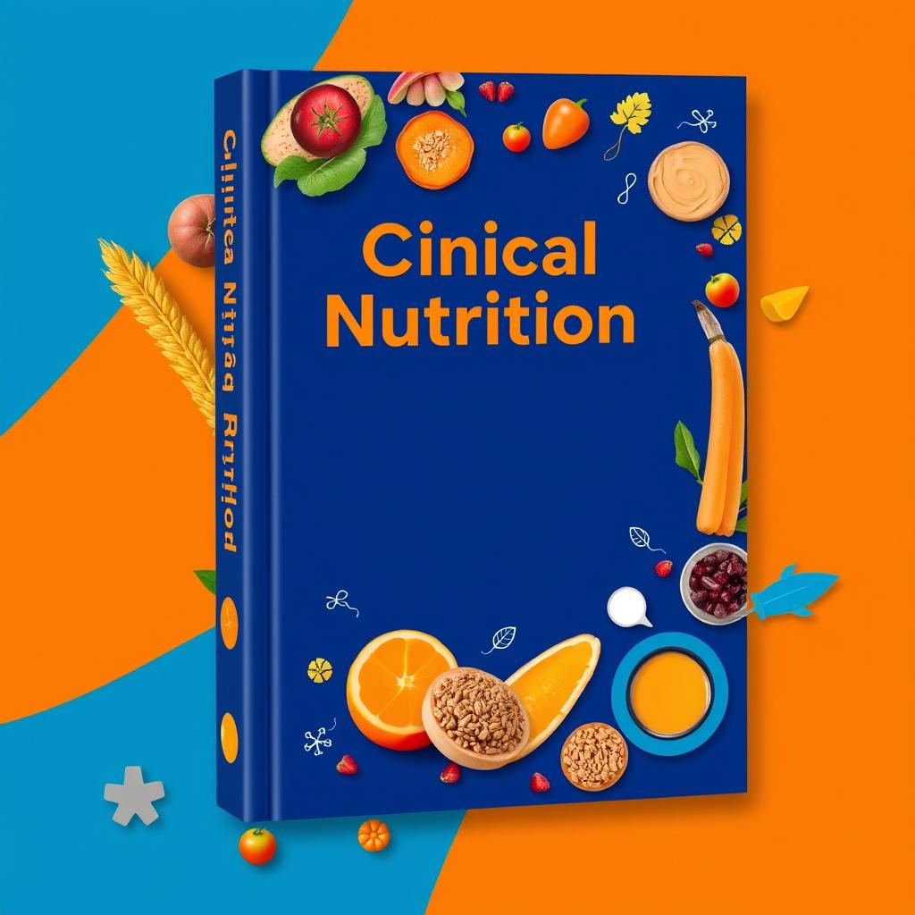 An eye-catching cover design for a clinical nutrition book, featuring a vibrant color scheme of blue and orange