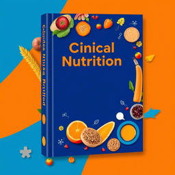 An eye-catching cover design for a clinical nutrition book, featuring a vibrant color scheme of blue and orange