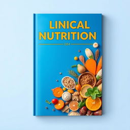 An eye-catching cover design for a clinical nutrition book, featuring a vibrant color scheme of blue and orange