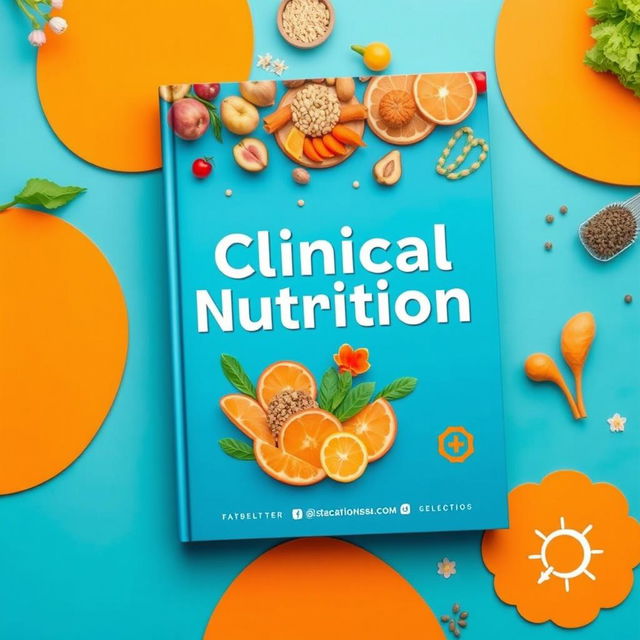 An eye-catching cover design for a clinical nutrition book, featuring a vibrant color scheme of blue and orange