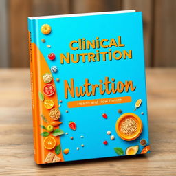 An eye-catching cover design for a clinical nutrition book, featuring a vibrant color scheme of blue and orange