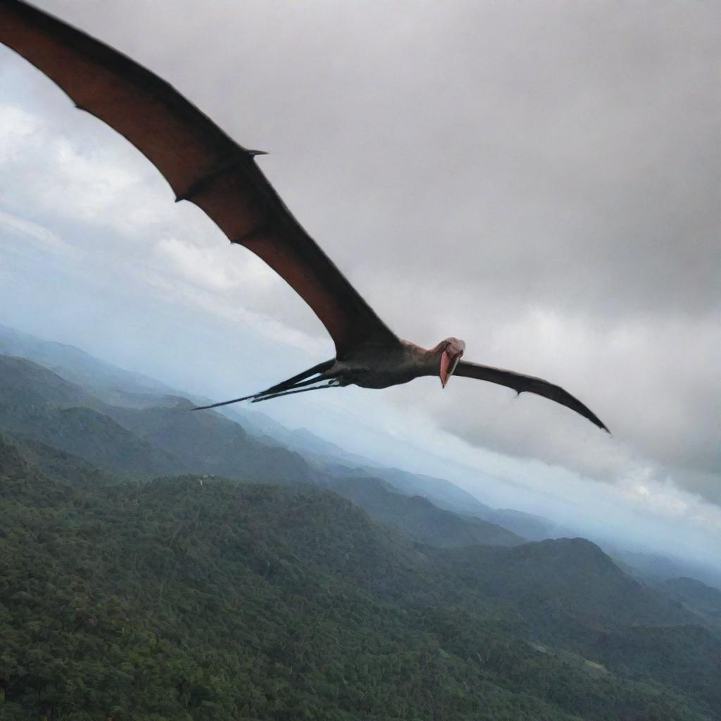 A large Pteranodon suddenly swoops down, attacking the airplane that's flying towards Isla Sorna