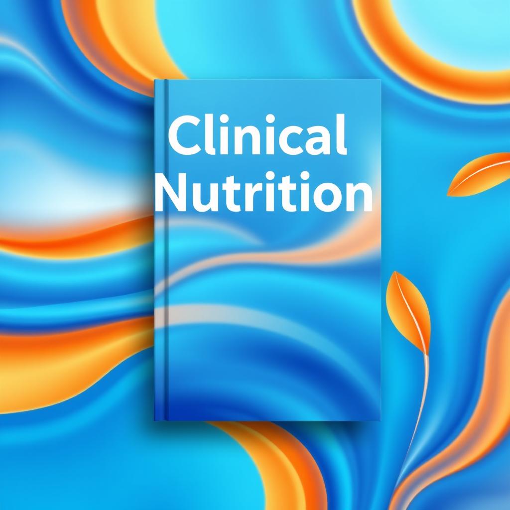 A book cover design for a clinical nutrition guide featuring a background composed of a vibrant blend of blue and orange colors