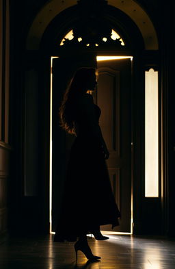 A striking silhouette of a woman standing confidently in front of a grand, ornately carved wooden door