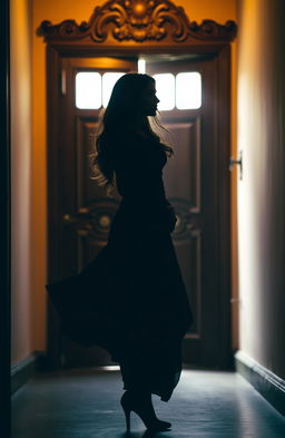 A striking silhouette of a woman standing confidently in front of a grand, ornately carved wooden door