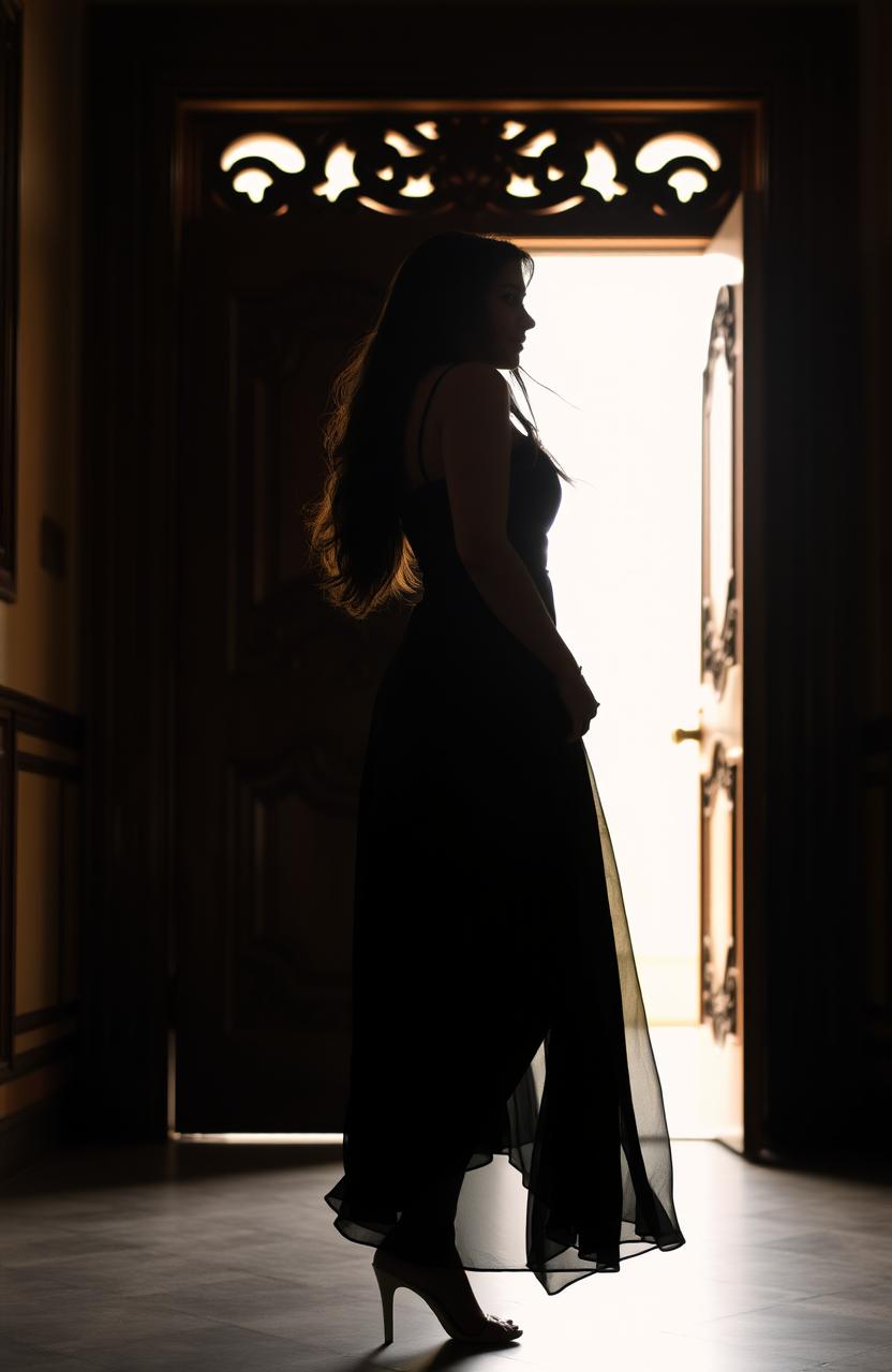 A striking silhouette of a woman standing confidently in front of a grand, ornately carved wooden door