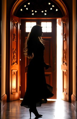 A striking silhouette of a woman standing confidently in front of a grand, ornately carved wooden door