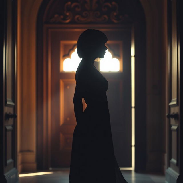 A striking silhouette of a woman with straight, short hair standing confidently in front of a grand, ornately carved wooden door