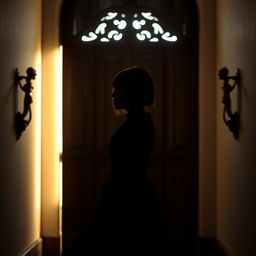 A striking silhouette of a woman with straight, short hair standing confidently in front of a grand, ornately carved wooden door